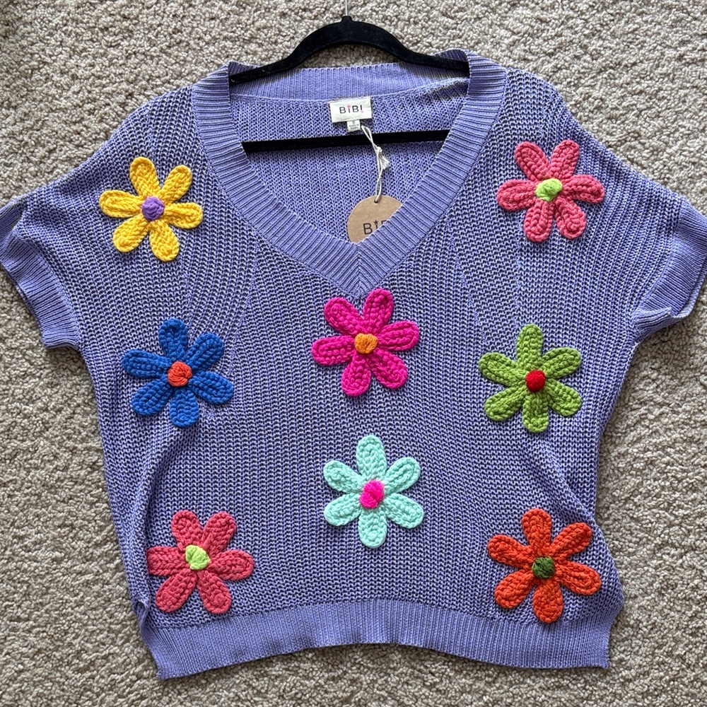 BiBi Lavender Sweater with Multicolor Floral Accents